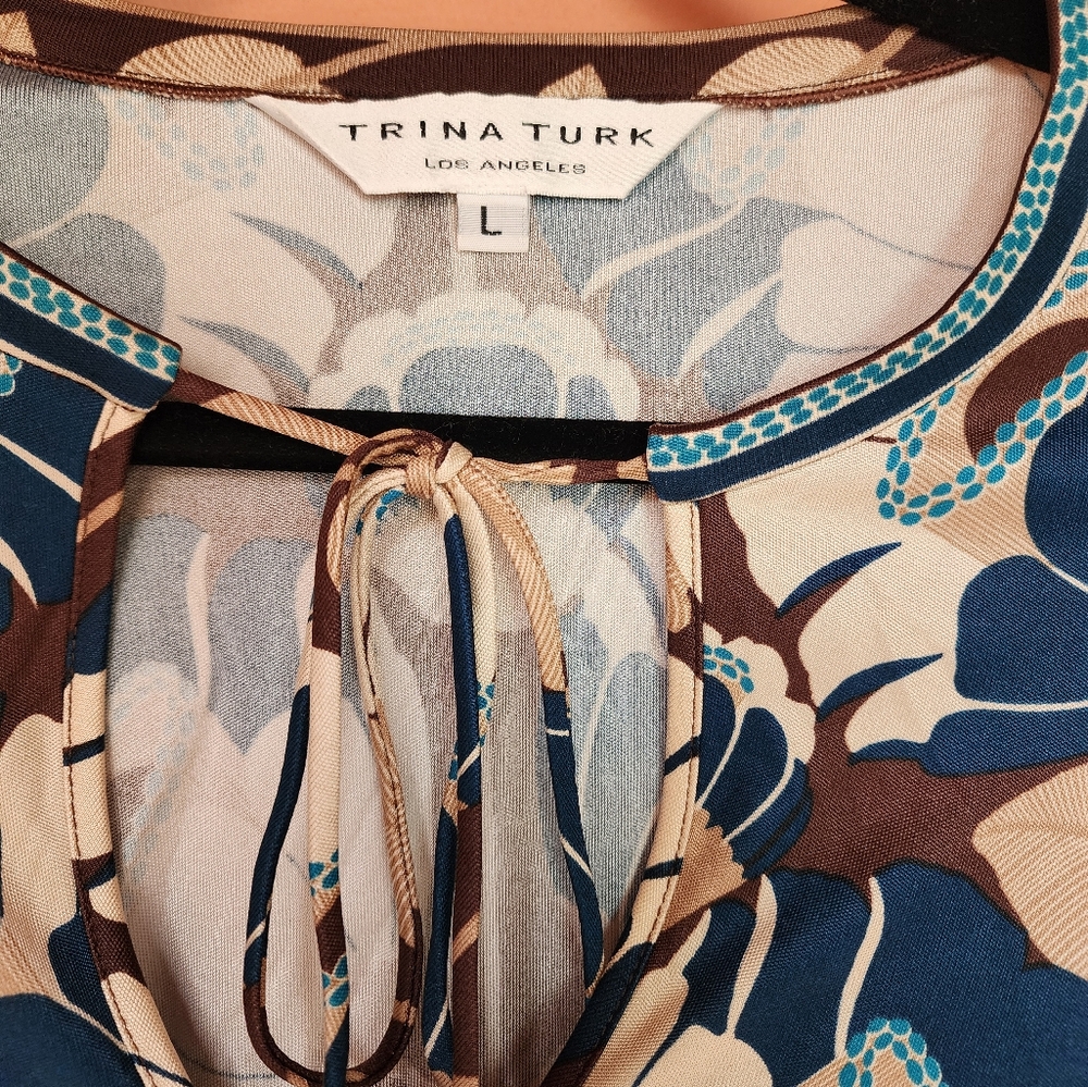 Trina Turk Blue, Brown & Cream Floral Long Sleeve Tie-Neck Top - Picture 3 of 3